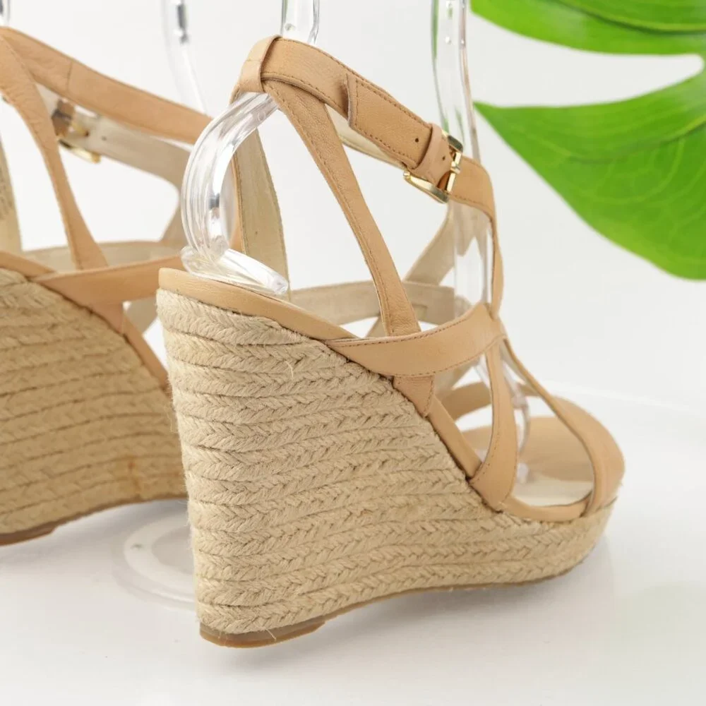 Michael Kors Womens Palm Beach Sandal Size 9.5 Tan Nude Patent Wedge‎ Espadrille